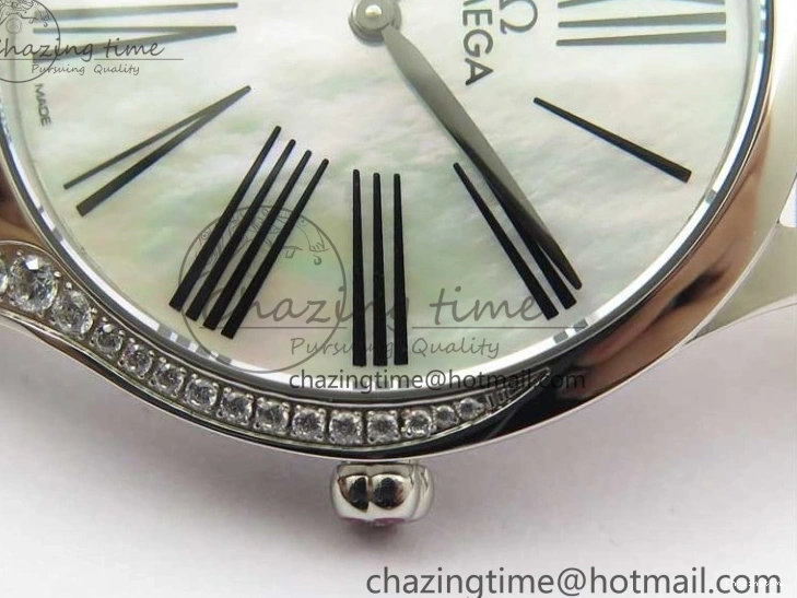 0406 ZeroBulk Ladies’ De Ville Trésor Diamond SS 3AF 1:1 Best Edition White Dial Black Markers On Black fabric strap Swiss Quartz 7880